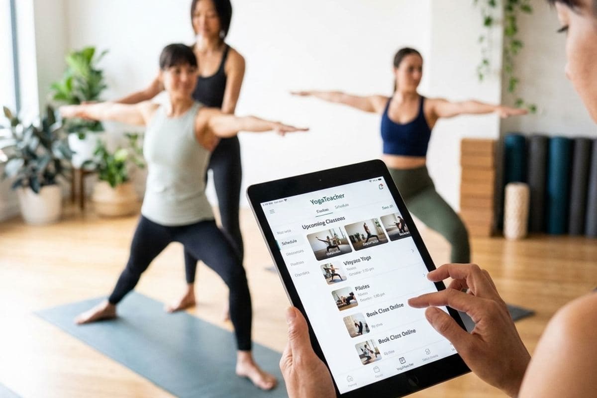 Studio tablet showing the YogaTeacher class list during a warrior-pose class