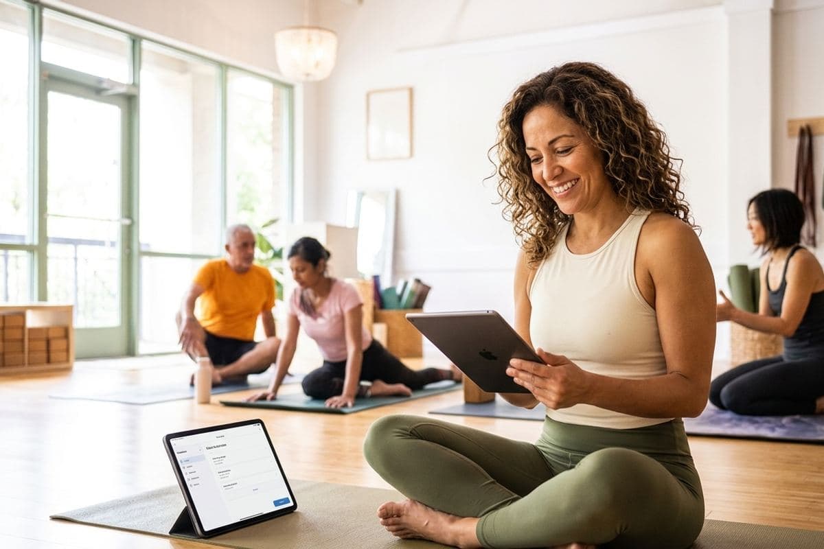Studio owner sitting cross-legged on a mat with her dashboard open on a tablet